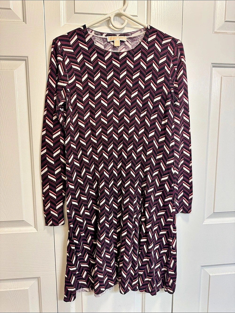 Michael Kors Geometric Knit Mini Dress in Plum & Black Size Medium